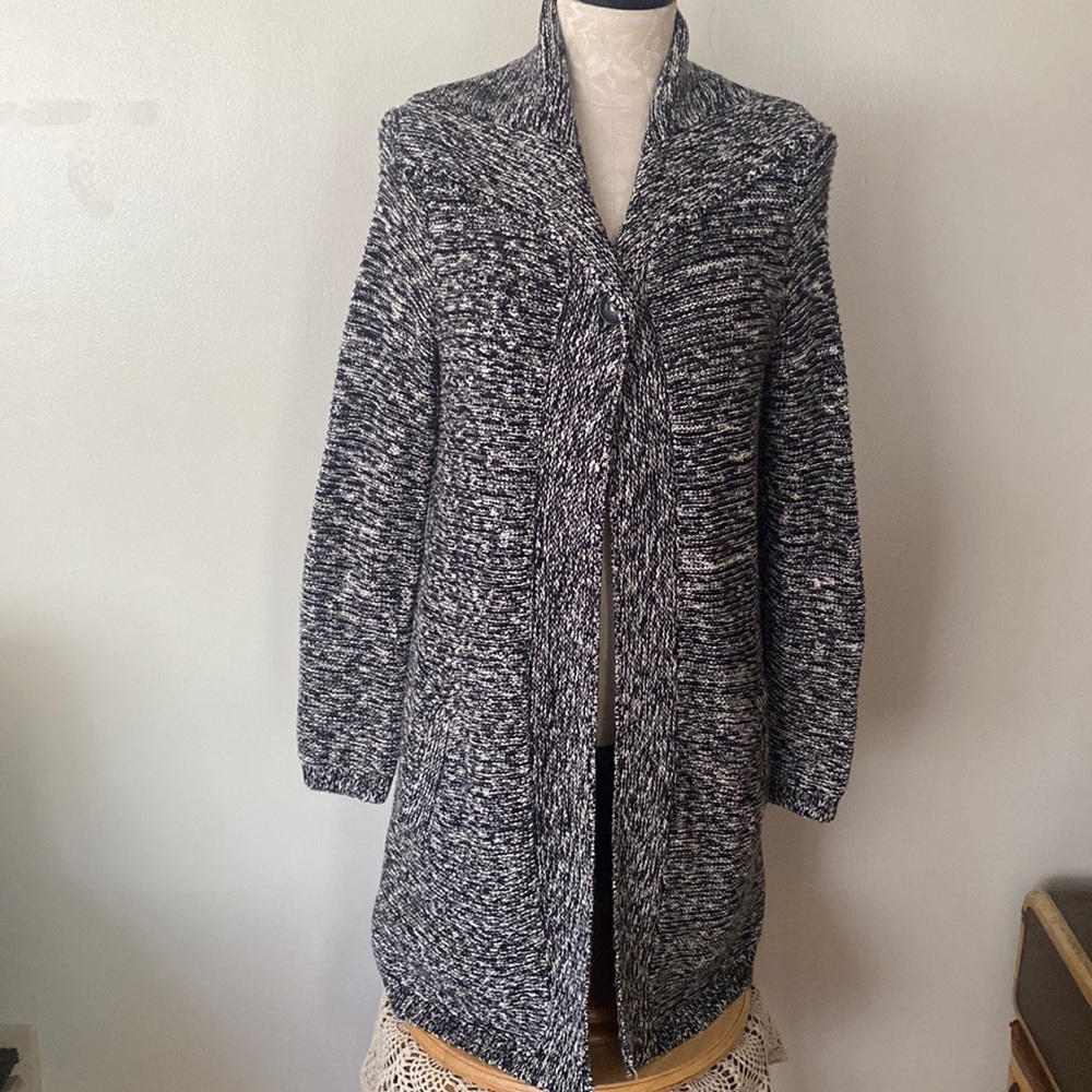 Dana Buchman Black White Tweed Knit Cotton Tunic Length Cardigan NWT